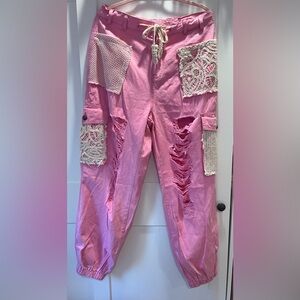NWOT POL Vibrant Pink distressed jogger pants